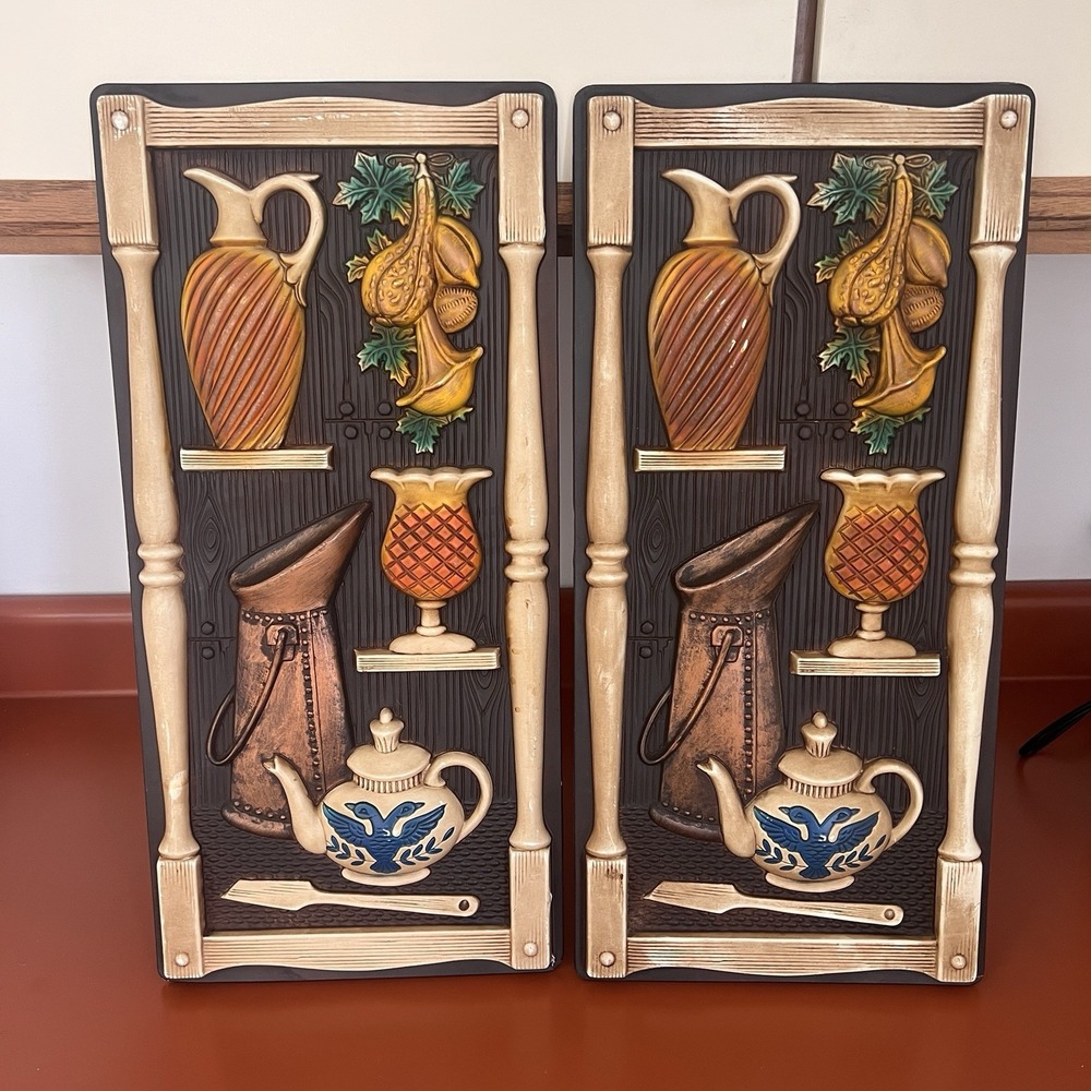 2 Vintage Plastic Molded Wall Art Decor‎ Miller Studio 60s MCM Kitchen Scene 3D
